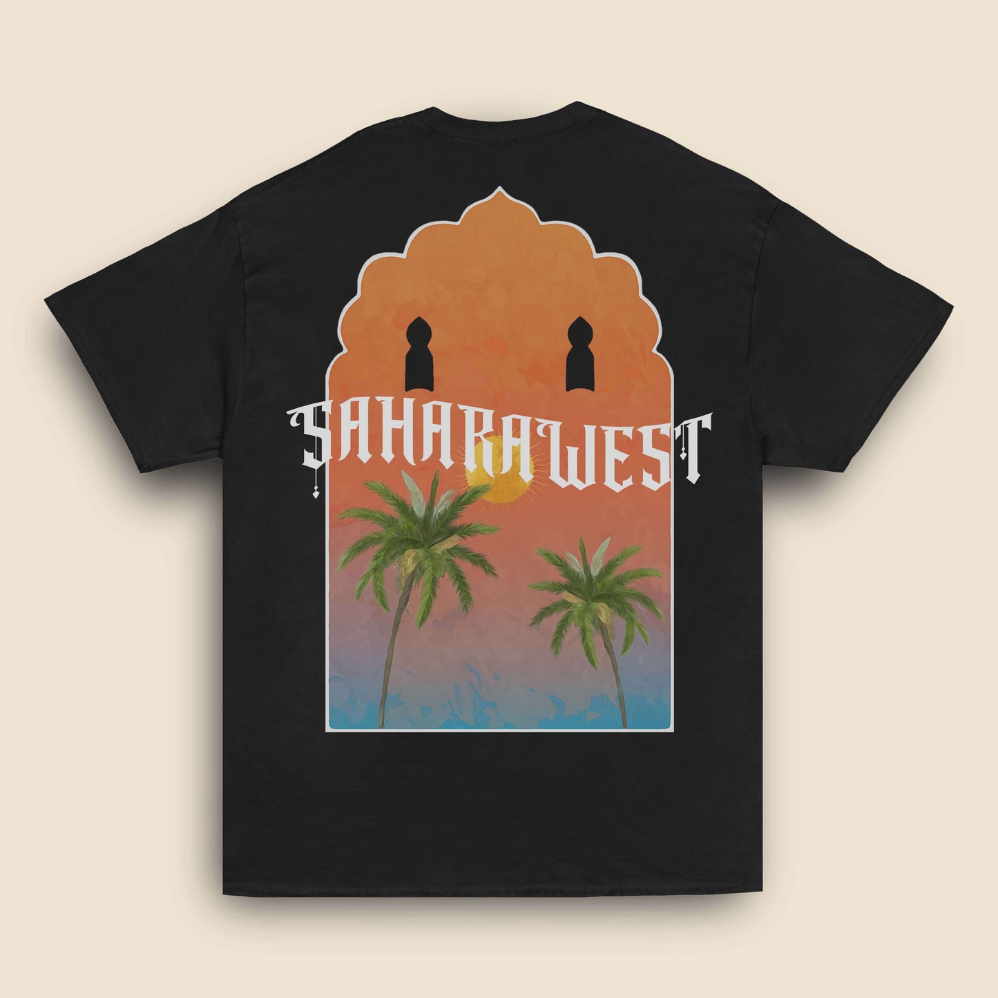 Architectural-inspired back print with Moroccan multifoil arches and desert landscape imagery, Saharwest T-shirt